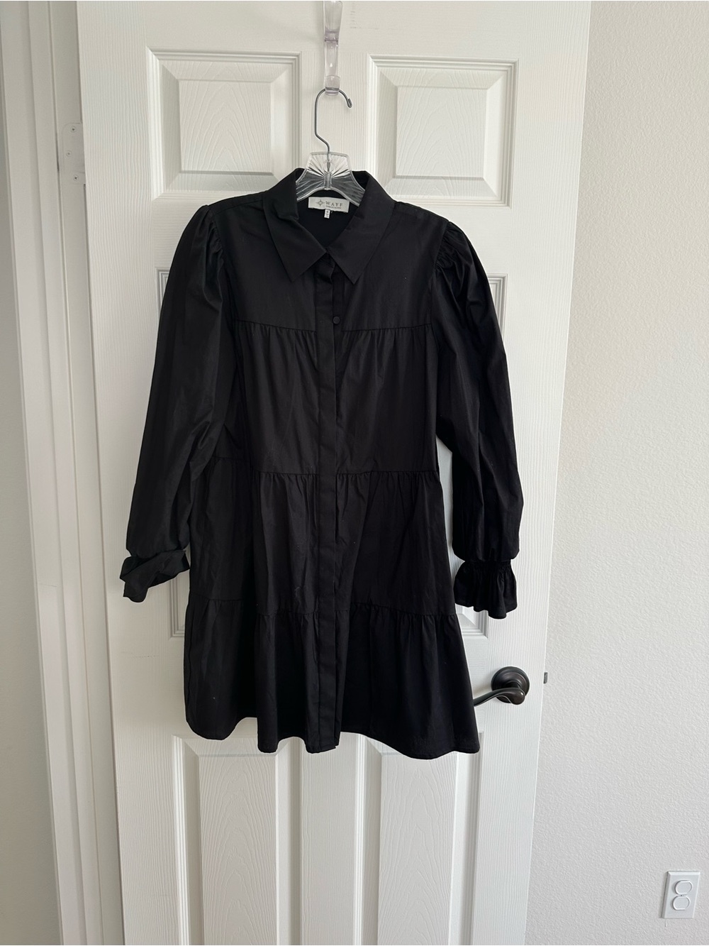 Wayf Black Tiered Mini Shirt Dress with Puff Sleeves